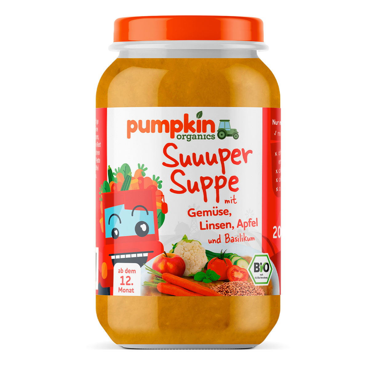 Suuuper Suppe mit Gemüse, Linsen, Apfel und Basilikum ab 12. Monat, Bio - Pumpkin Organics 200ml