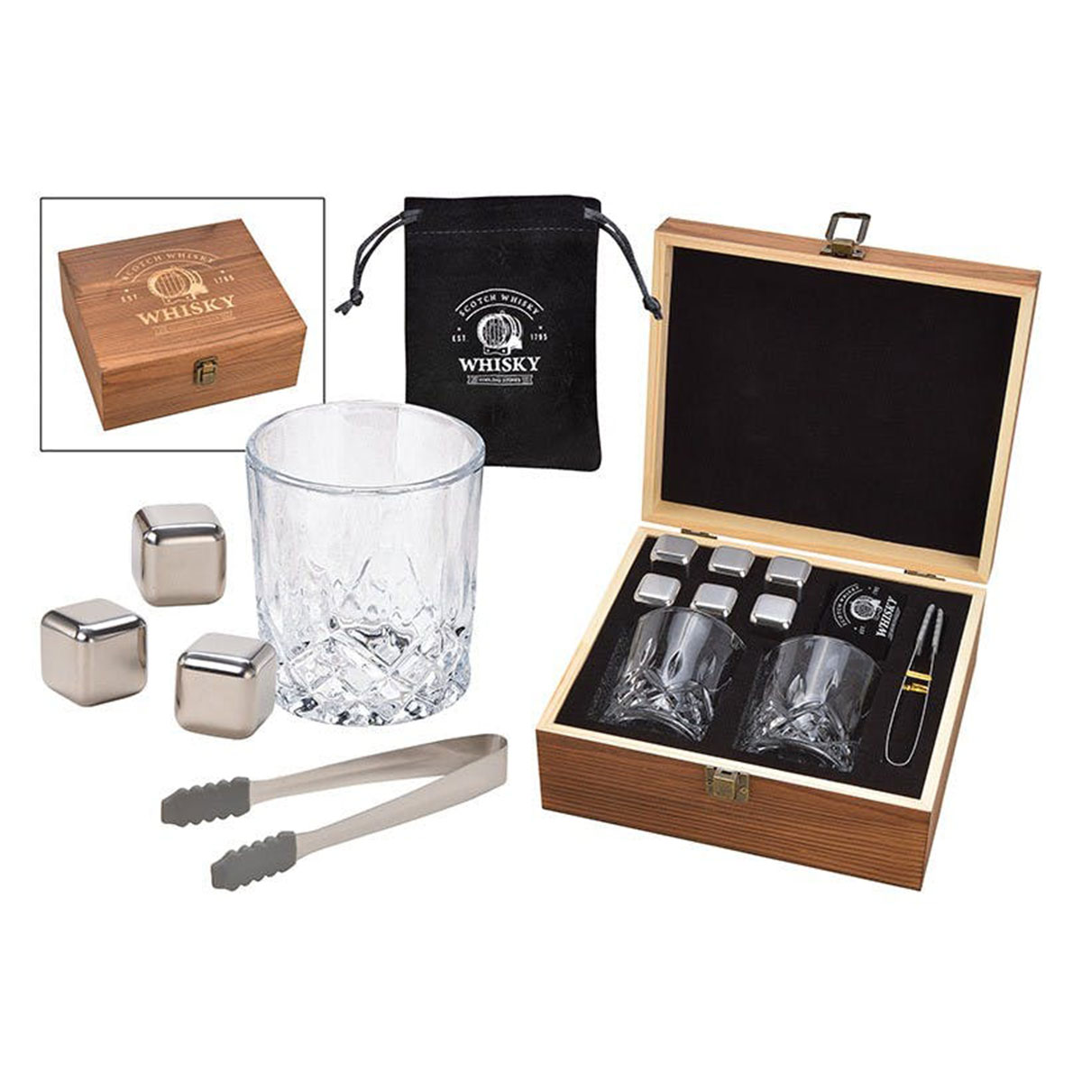 Whisky Eiswürfel Set aus Edelstahl, 2,7cm, 6 Würfel mit 2 Gläser 9x8x9cm, 300ml, inkl. Zange + Samtbeutel, in Holzbox 