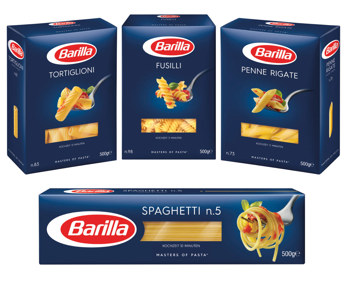 4er Set Barilla Nudeln - Tortoglioni, Fusilli, Penne Rigate und Spaghetti 4 x 500g
