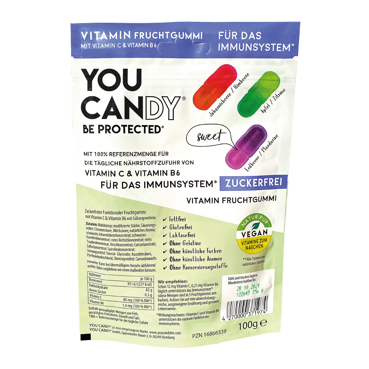 Be Protected - Vegan Vitamin Gummies zuckerfrei mit Vitamin C & B6 - You Candy 100g Be Protected - Vegan Vitamin Gummies zuckerfrei mit Vitamin C & B6 - You Candy 100g