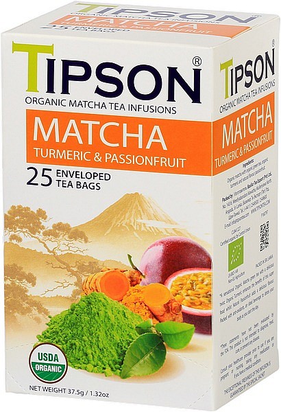 TIPSON BIO Matcha Turmeric & Passion Fruit japanischer gemahlener Tee Gastro-Teebeutel 25x1,5g