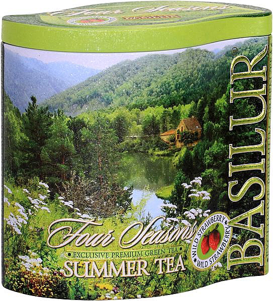 Summer-Tea-grüner-Ceylon-Blatt-Tee-und-grüner-China-Blatt-Tee,-Papaya-und-Erdbeerstücke, Korn-und-Ringelblumenblüten,-Erdbeer-Aroma