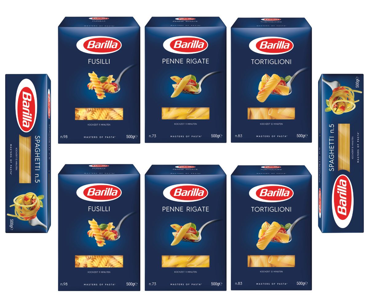 8er Set Barilla Nudeln - 2 x Tortoglioni, 2 x Fusilli, 2 x Penne Rigate und 2 x Spaghetti 8 x 500g
